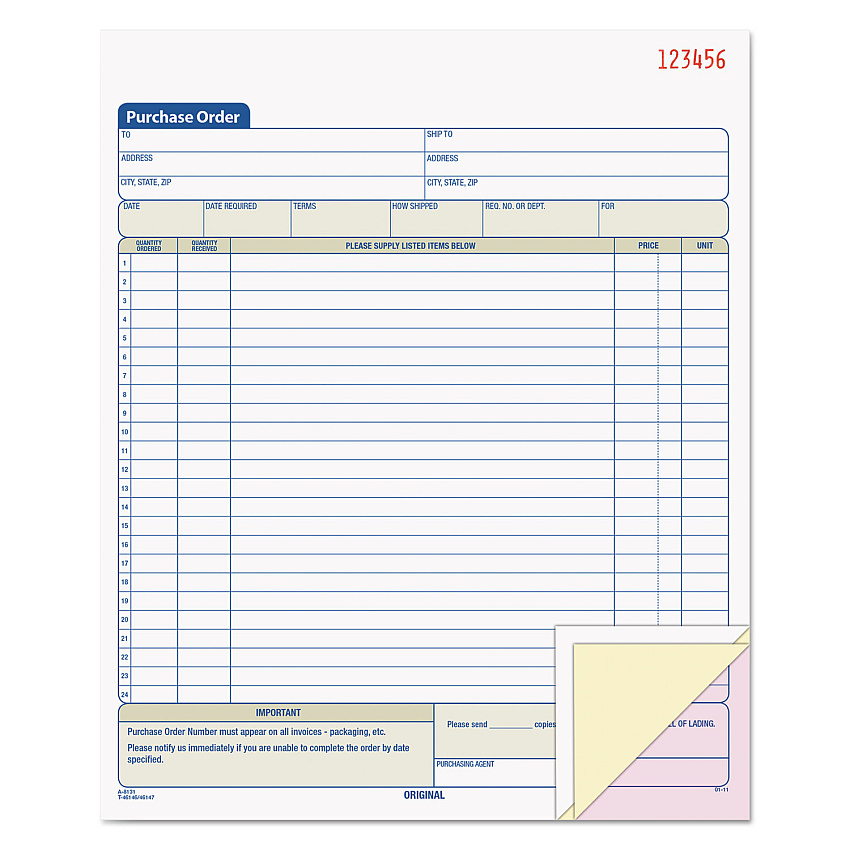 TOPS Purchase Order Book, Three-Part Carbonless, 8.38 x 10.19, 1/Page, 50 Forms (46147)