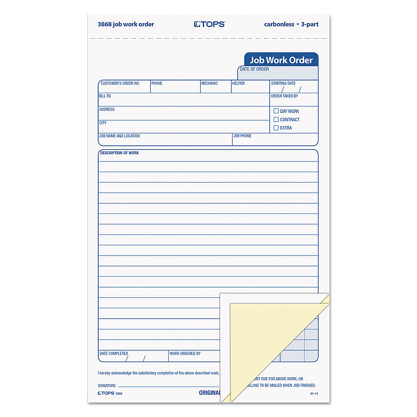 TOPS Snap-Off Job Work Order Form, Three-Part Carbonless, 5.66 x 8.63, 1/Page, 50 Forms (3868)