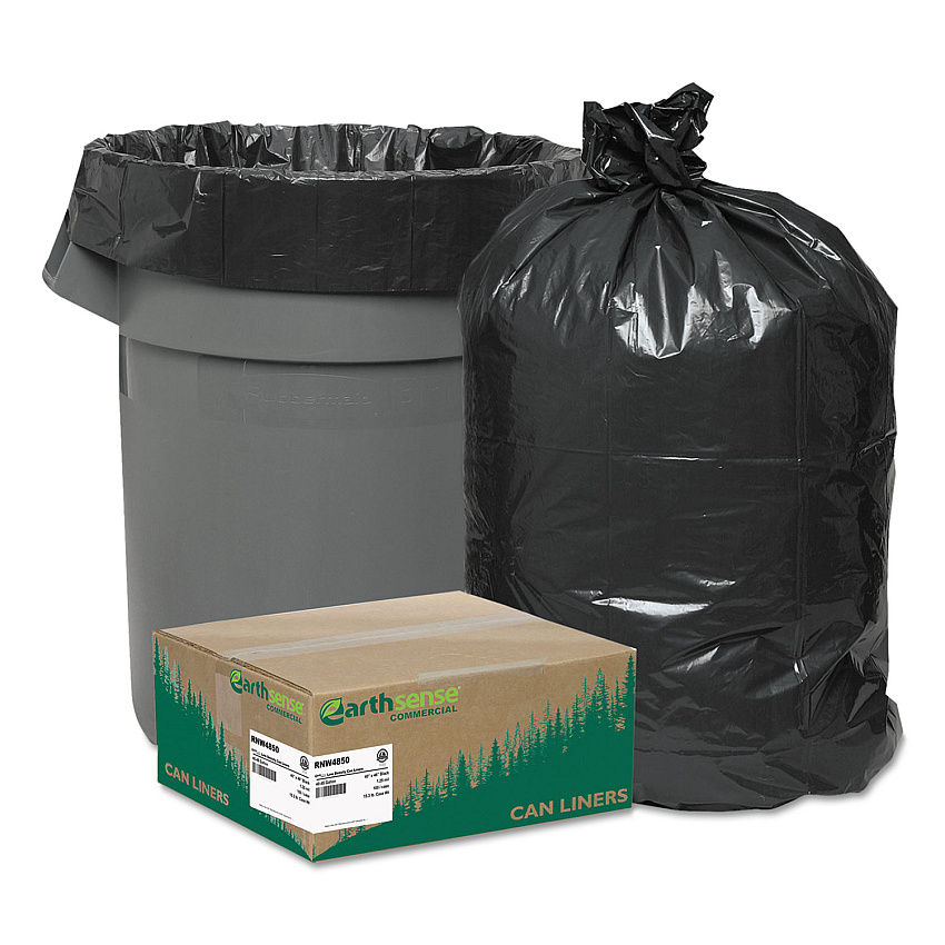 Earthsense Commercial Linear Low Density Recycled Can Liners, 45 gal, 1.25 mil, 40" x 46", Black, 100/Carton (RNW4850)