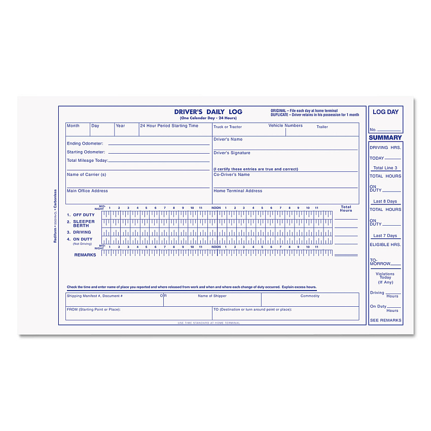 Rediform Driver's Daily Log, Two-Part Carbonless, 8.75 x 5.38, 1/Page, 31 Forms (S5031NCL)