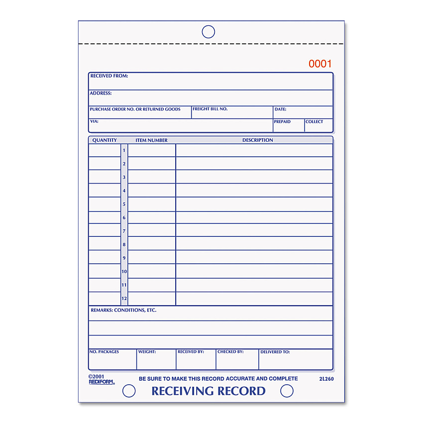 Rediform Receiving Record Book, Three-Part Carbonless, 5.56 x 7.94, 1/Page, 50 Forms (2L260)