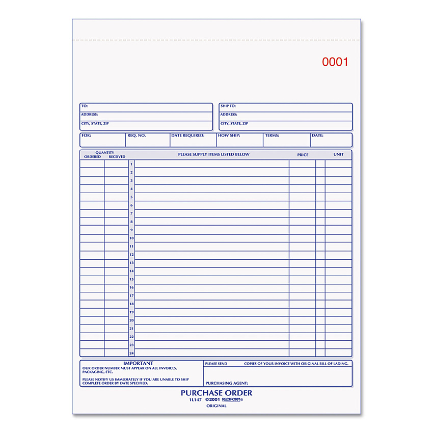 Rediform Purchase Order Book, Three-Part Carbonless, 8.5 x 11, 1/Page, 50 Forms (1L147)