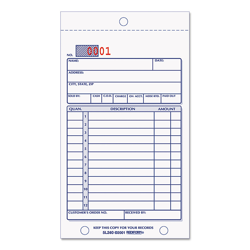 Rediform Sales Book, Two-Part Carbonless, 3.63 x 6.38, 1/Page, 50 Forms (5L240)