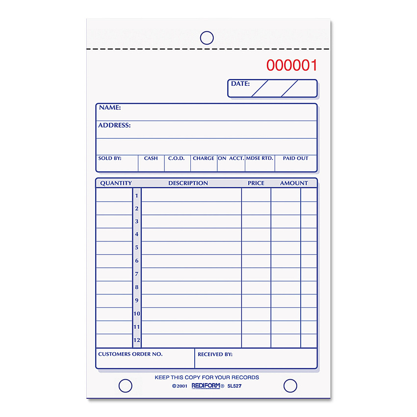 Rediform Sales Book, Two-Part Carbonless, 4.25 x 6.38, 1/Page, 50 Forms (5L527)