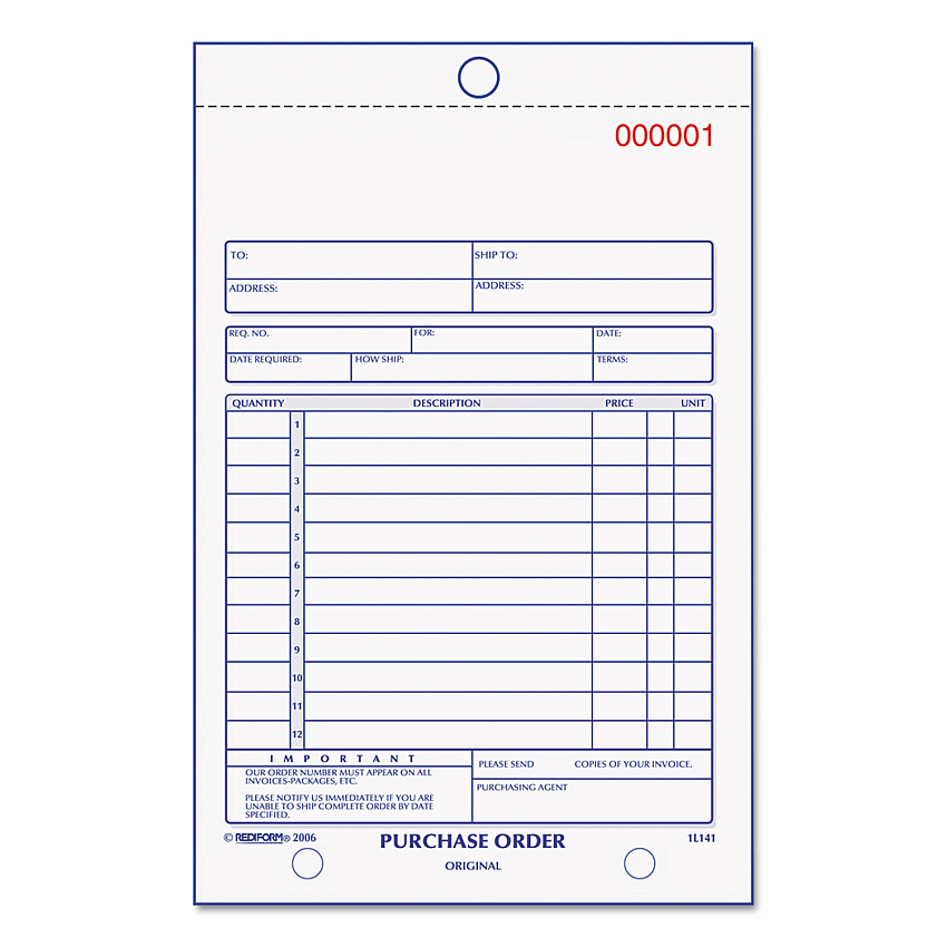 Rediform Purchase Order Book, Three-Part Carbonless, 5.5 x 7.88, 1/Page, 50 Forms (1L141)