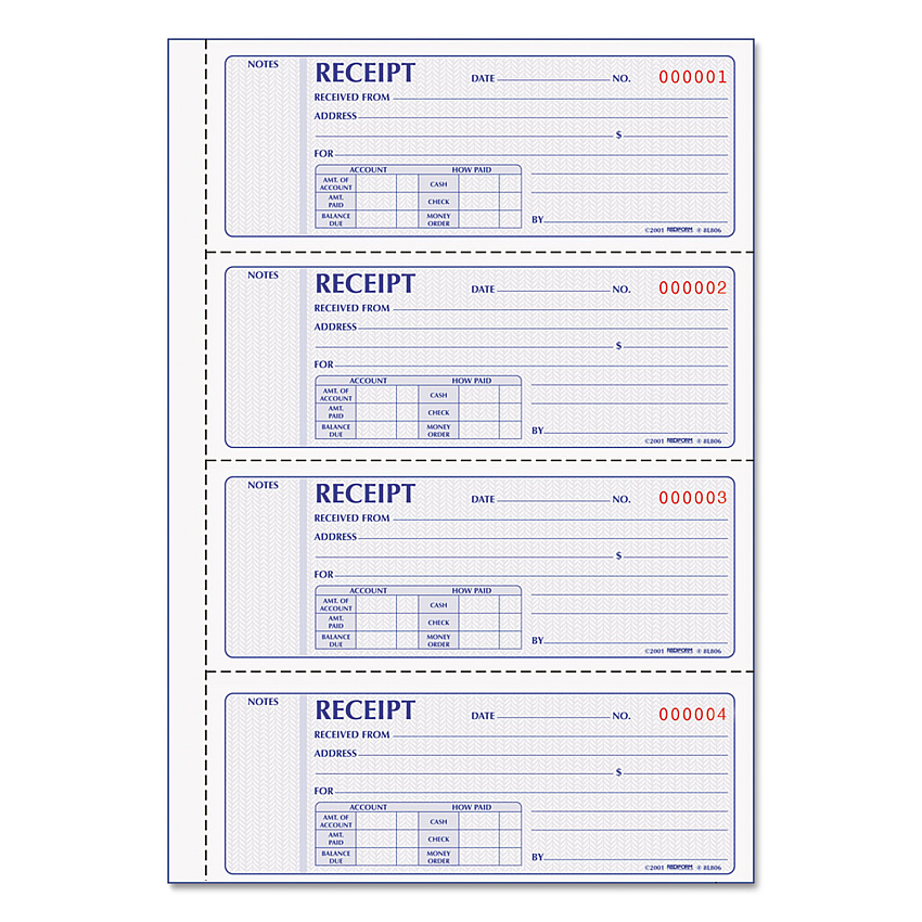 Rediform Money Receipt Book, Two-Part Carbonless, 7 x 2.75, 4/Page, 200 Forms (8L806)