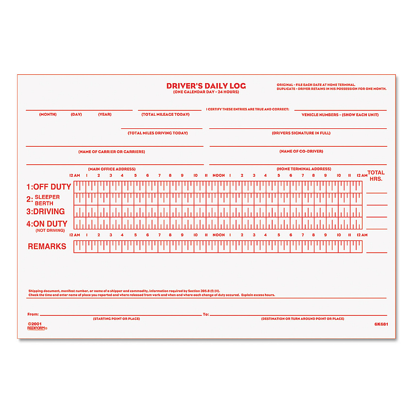 Rediform Driver's Daily Log, Two-Part Carbonless, 7.88 x 5.5, 1/Page, 31 Forms (6K681)