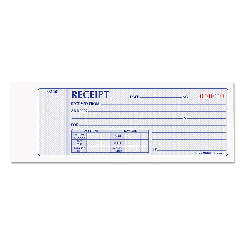 Rediform Receipt Book, Two-Part Carbonless, 7 x 2.75, 1/Page, 100 Forms (8L800)