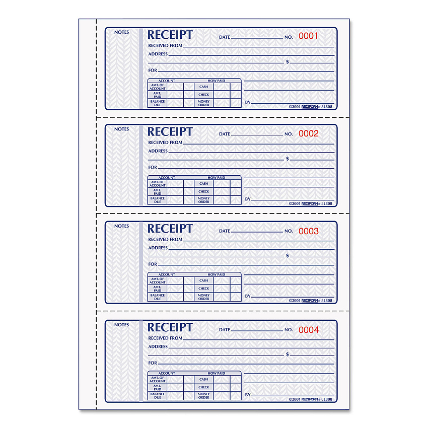 Rediform Money Receipt Book, Three-Part Carbonless, 7 x 2.75, 4/Page, 100 Forms (8L808R)