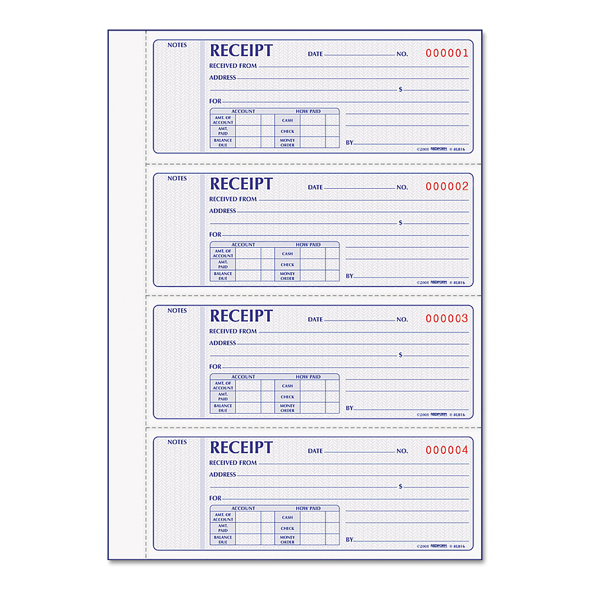 Rediform Receipt Book,Two-Part Carbonless, 7 x 2.75, 4/Page, 400 Forms (8L816)