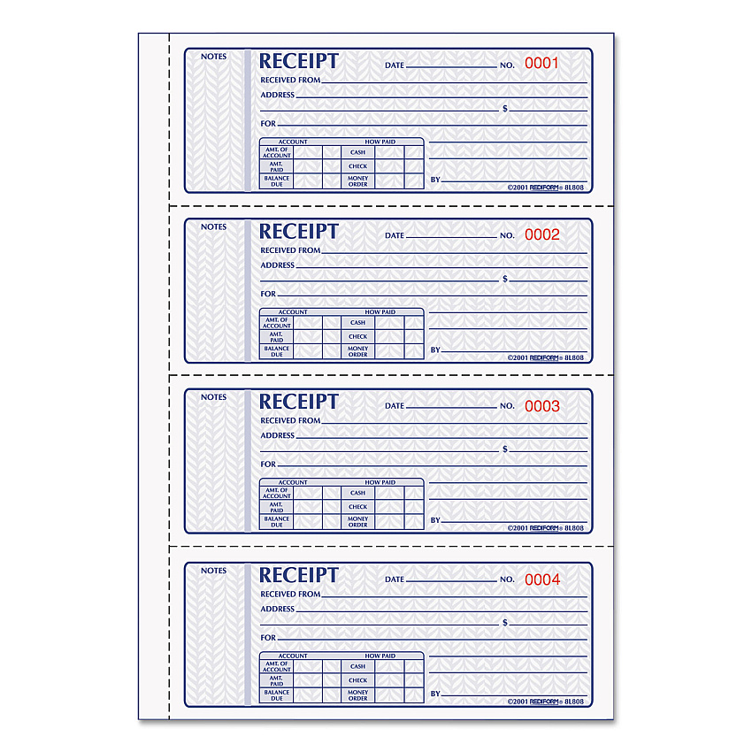 Rediform Money Receipt Book, Three-Part Carbonless, 7 x 2.75, 4/Page, 100 Forms (8L808)