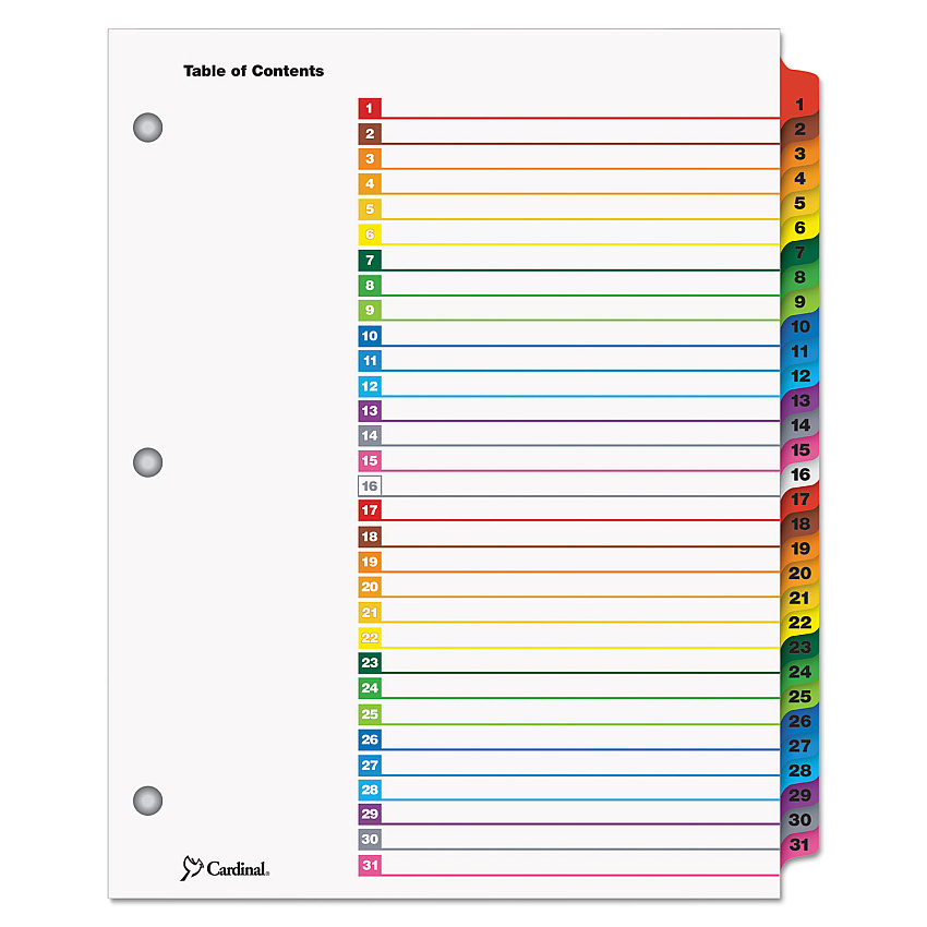 Cardinal OneStep Printable Table of Contents and Dividers, 31-Tab, 1 to 31, 11 x 8.5, White, 1 Set (60118)