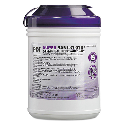 Super Sani-Cloth Germicidal Disposable Wipes, 1-Ply, 6 x 6.75, Unscented, White, 160/Canister, 12 Canisters/Carton (Q55172)