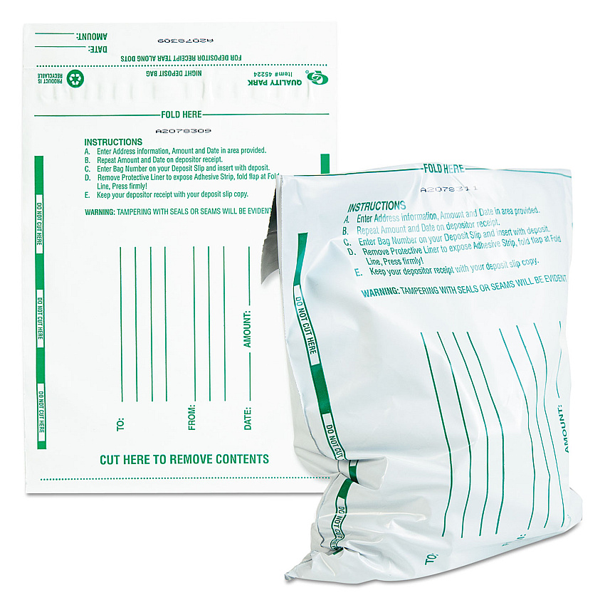 Quality Park Poly Night Deposit Bags with Tear-Off Receipt, 10 x 13, White, 100/Pack (45228)