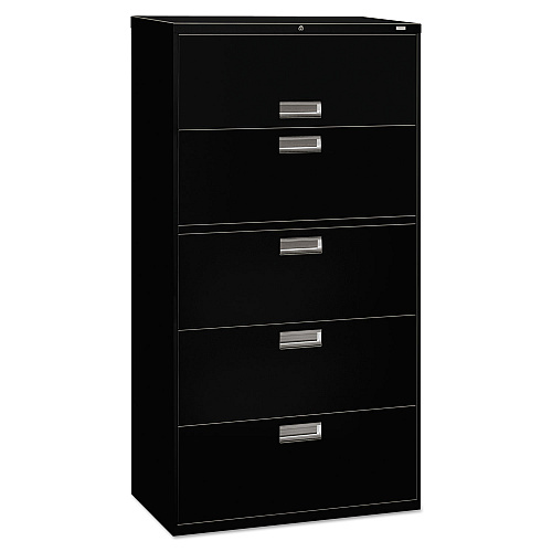 HON Brigade 600 Series Lateral File, 4 Legal/Letter-Size File Drawers, 1 Roll-Out File Shelf, Black, 36" x 18" x 64.25" (685LP)
