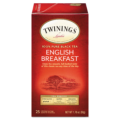 TWININGS Tea Bags, English Breakfast, 1.76 oz, 25/Box (09181)