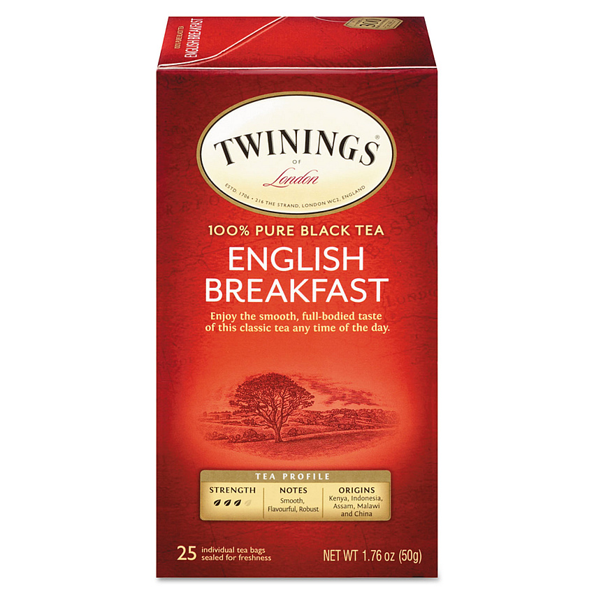 TWININGS Tea Bags, English Breakfast, 1.76 oz, 25/Box (09181)