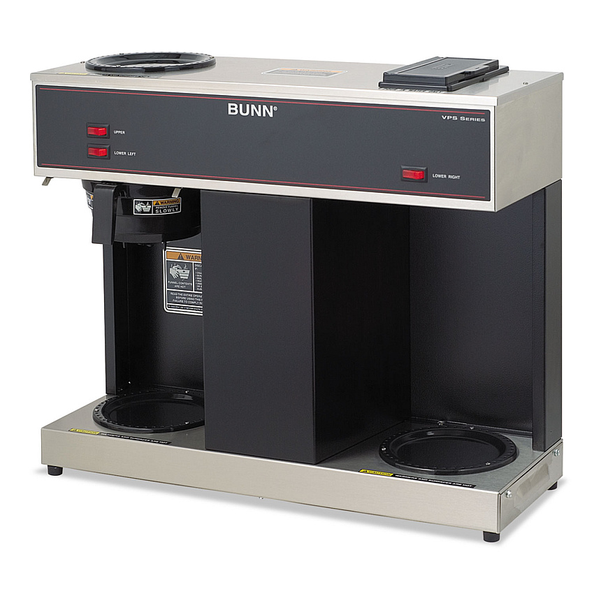 BUNN Pour-O-Matic Three-Burner Pour-Over Coffee Brewer, Stainless Steel, Black (VPS)
