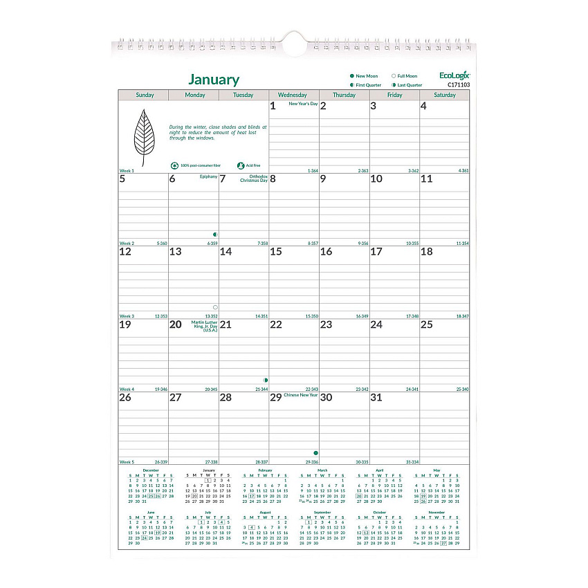 Brownline EcoLogix Monthly Wall Calendar, EcoLogix Artwork, 12 x 17, White/Green Sheets, 12-Month (Jan to Dec): 2025 (C171103)
