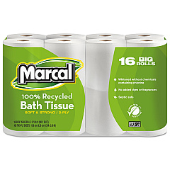 Marcal 100% Recycled Two-Ply Bath Tissue, Septic Safe, 2-Ply, White, 168 Sheets/Roll, 16 Rolls/Pack (1646616PK)