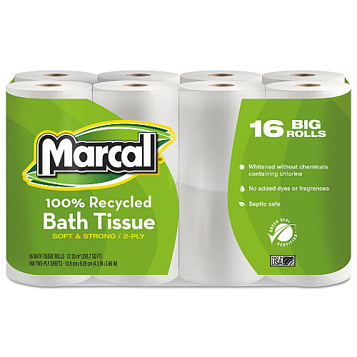Marcal 100% Recycled Two-Ply Bath Tissue, Septic Safe, White, 168 Sheets/Roll, 96 Rolls/Carton (16466)