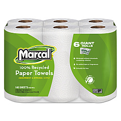 Marcal 100% Premium Recycled Kitchen Roll Towels, 2-Ply, 11 x 5.5, White, 140/Roll, 24 Rolls/Carton (6181CT)