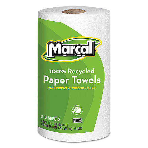 Marcal 100% Premium Recycled Kitchen Roll Towels, 2-Ply, 11 x 8.8, White, 210 Sheets, 12 Rolls/Carton (6210)