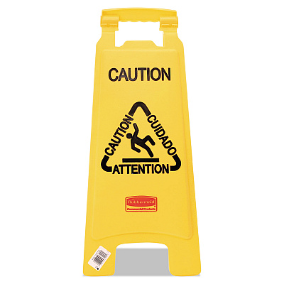 Rubbermaid Commercial Multilingual "Caution" Floor Sign,  11 x 12 x 25, Bright Yellow (611200YW)
