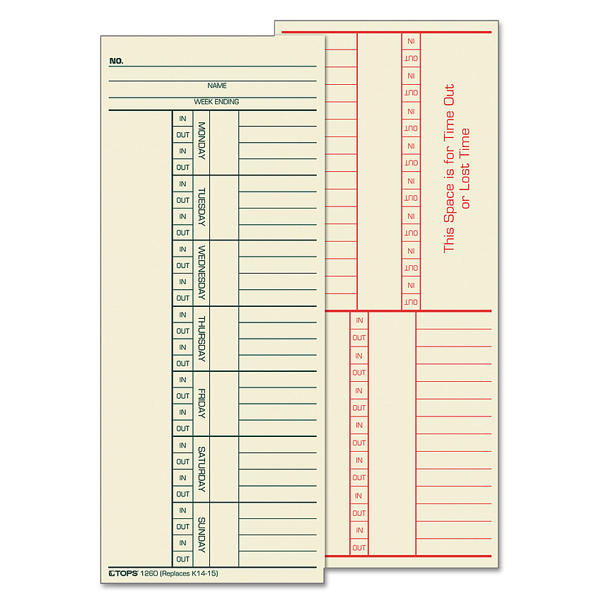 TOPS Time Clock Cards, Replacement for K14-15, Two Sides, 3.38 x 8.25, 500/Box (1260)