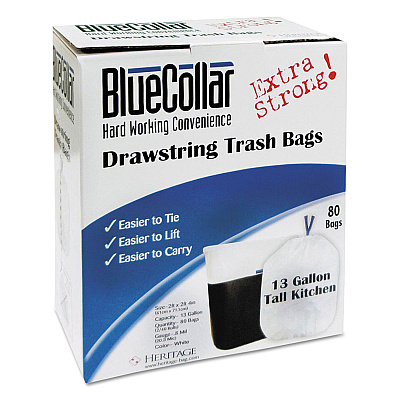 BlueCollar Drawstring Trash Bags, 13 gal, 0.8 mil, 24" x 28", White, 480/Carton (N4828EWRC1CT)