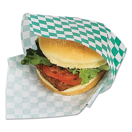 Bagcraft Grease-Resistant Paper Wraps and Liners, 12 x 12, Green Check, 1,000/Box, 5 Boxes/Carton (057950)