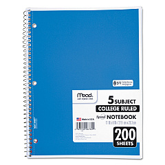 Mead Spiral Notebook, 5 Subject, Medium/College Rule, Randomly Assorted Covers, 11 x 8, 200 Sheets (06780)