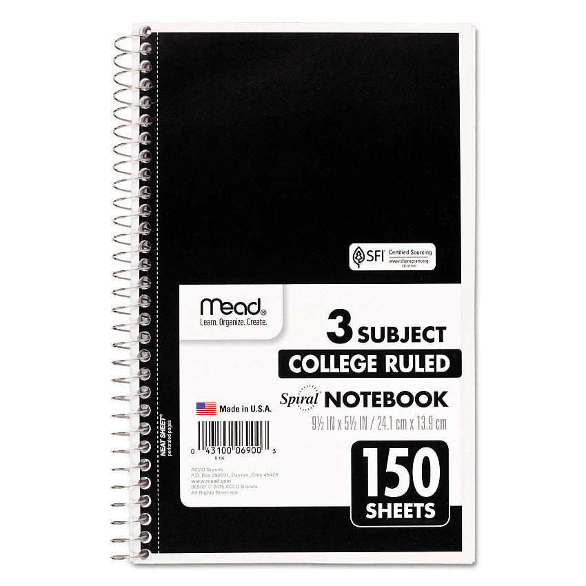 Mead Spiral Notebook, 3 Subject, Medium/College Rule, Randomly Assorted Covers, 9.5 x 5.5, 150 Sheets (06900)