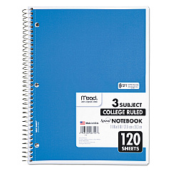 Mead Spiral Notebook, 3 Subject, Medium/College Rule, Randomly Assorted Covers, 11 x 8, 120 Sheets (06710)