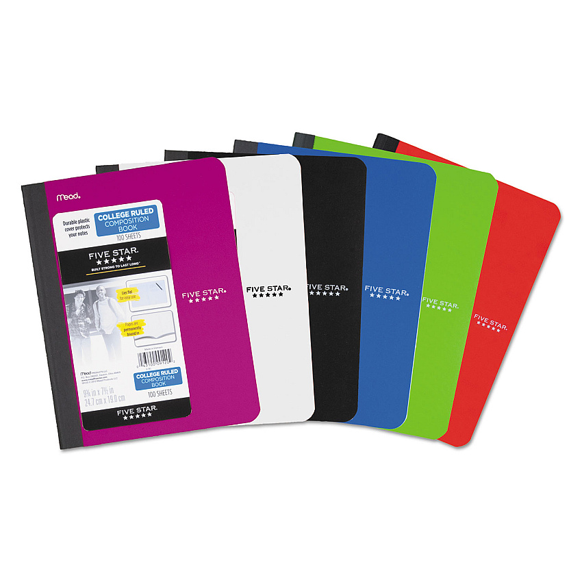 Five Star Composition Book, Medium/College Rule, Randomly Assorted Cover (Black/Cobalt Blue/Lime/Red/Teal/Yellow), 9.75 x 7.5,100 Sheet (09120)