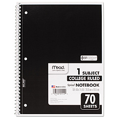 Mead Spiral Notebook, 3-Hole Punched, 1 Subject, Medium/College Rule, Randomly Assorted Covers, 10.5 x 7.5, 70 Sheets (05512)