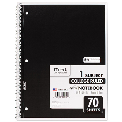 Mead Spiral Notebook, 3-Hole Punched, 1 Subject, Medium/College Rule, Randomly Assorted Covers, 10.5 x 7.5, 70 Sheets (05512)