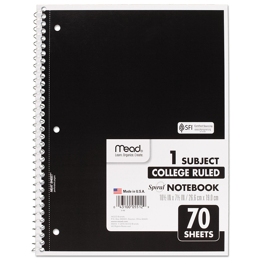 Mead Spiral Notebook, 3-Hole Punched, 1 Subject, Medium/College Rule, Randomly Assorted Covers, 10.5 x 7.5, 70 Sheets (05512)