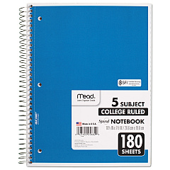 Mead Spiral Notebook, 5 Subject, Medium/College Rule, Randomly Assorted Covers, 10.5 x 8, 180 Sheets (05682)