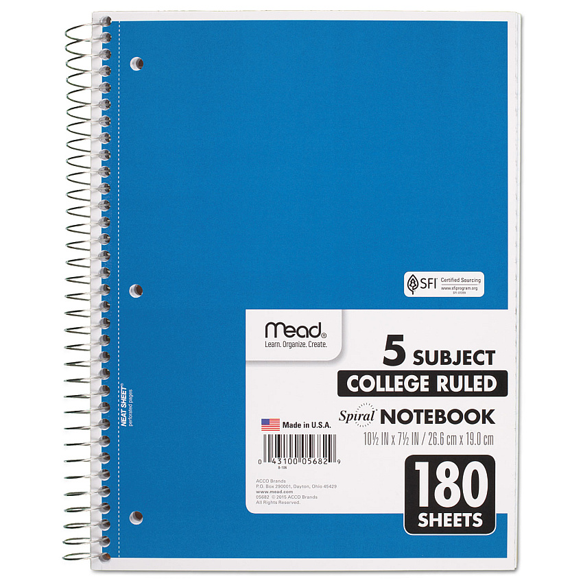 Mead Spiral Notebook, 5 Subject, Medium/College Rule, Randomly Assorted Covers, 10.5 x 8, 180 Sheets (05682)
