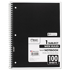 Mead Spiral Notebook, 3-Hole Punched, 1 Subject, Wide/Legal Rule, Randomly Assorted Covers, 10.5 x 7.5, 100 Sheets (05514)