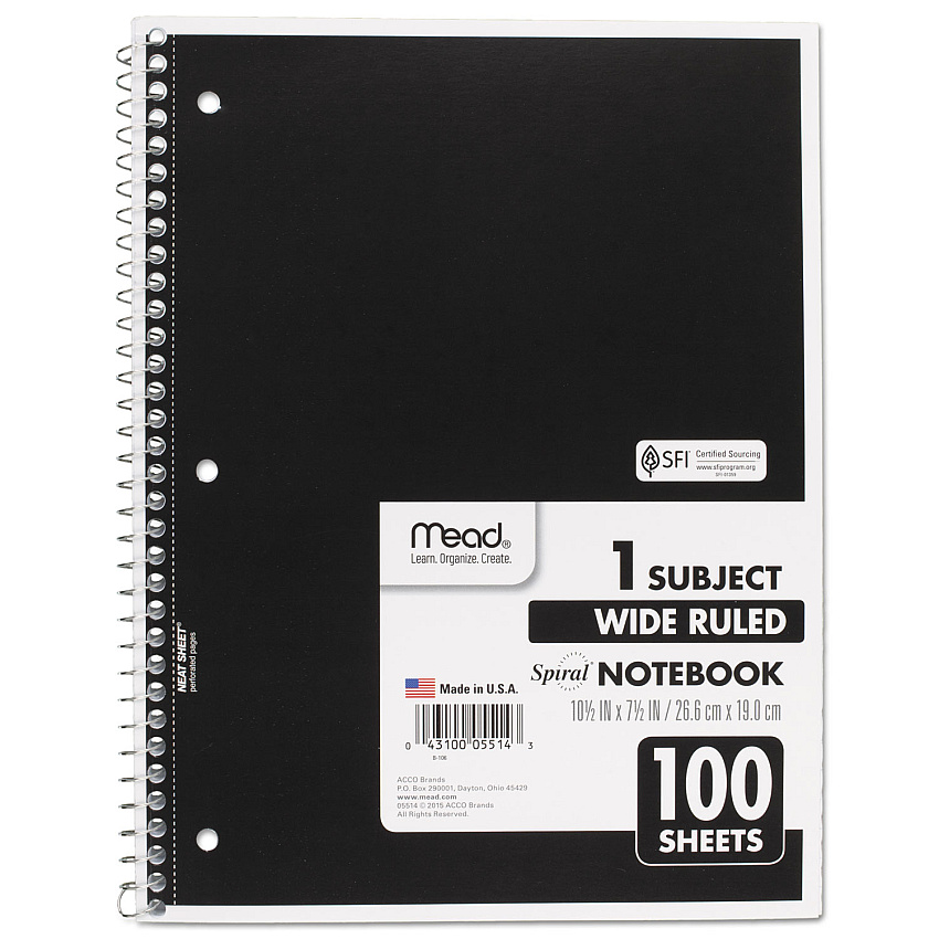 Mead Spiral Notebook, 3-Hole Punched, 1 Subject, Wide/Legal Rule, Randomly Assorted Covers, 10.5 x 7.5, 100 Sheets (05514)