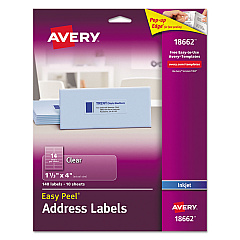Avery Matte Clear Easy Peel Mailing Labels w/ Sure Feed Technology, Inkjet Printers, 1.33 x 4, Clear, 14/Sheet, 10 Sheets/Pack (18662)