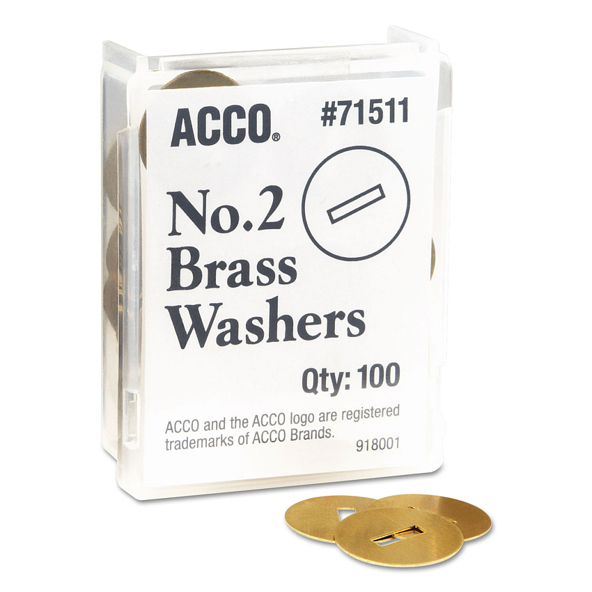 ACCO Washers for Two-Prong Fasteners, #2, 1.25" Diameter, Brass, 100/Box (71511)