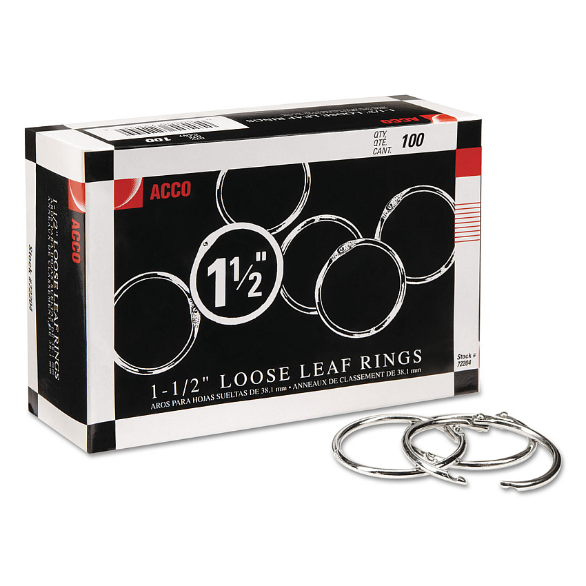 ACCO Metal Book Rings, 1 1/2" Diameter, 100 Rings/Box (72204)