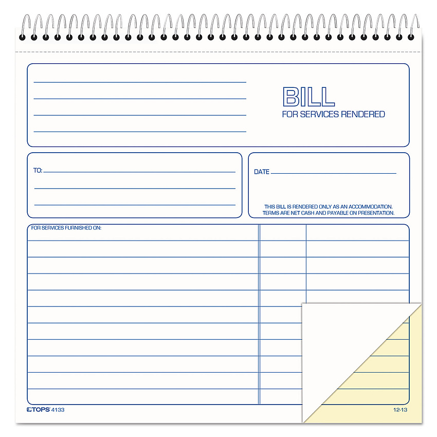 TOPS Spiralbound Service Invoices, Two-Part Carbonless, 8.5 x 7.75, 1/Page, 50 Forms (4133)