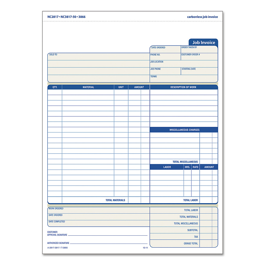 TOPS Snap-Off Job Invoice Form, Three-Part Carbonless, 8.5 x 11.63, 1/Page, 50 Forms (3866)