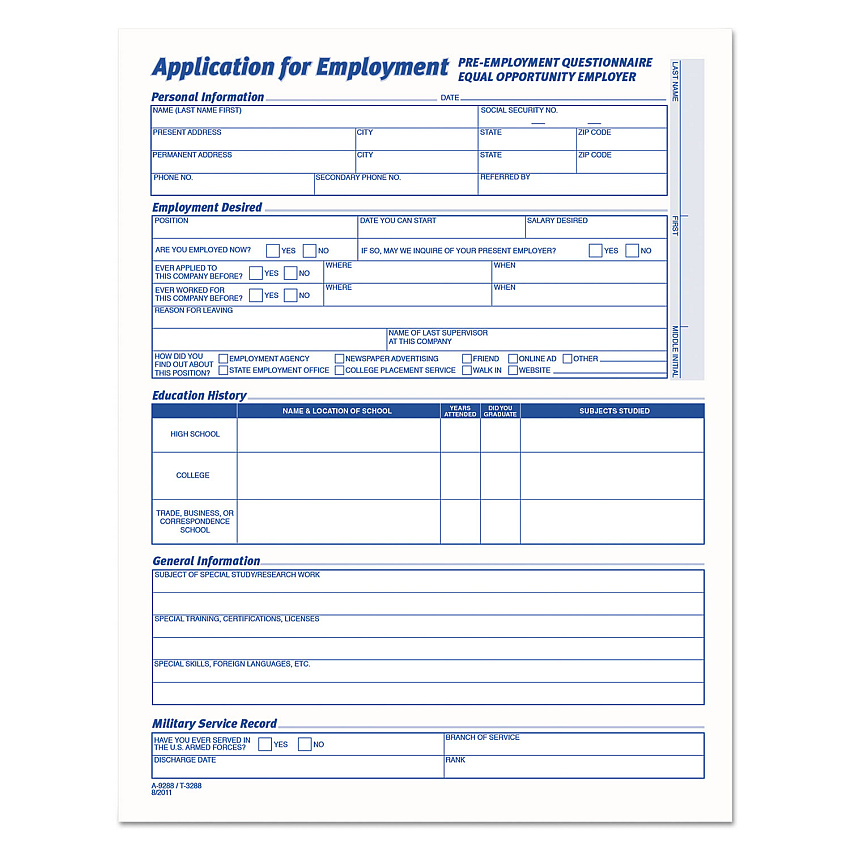 TOPS Comprehensive Employee Application Form, 8.5 x 11, 1/Page, 25 Forms (3288)