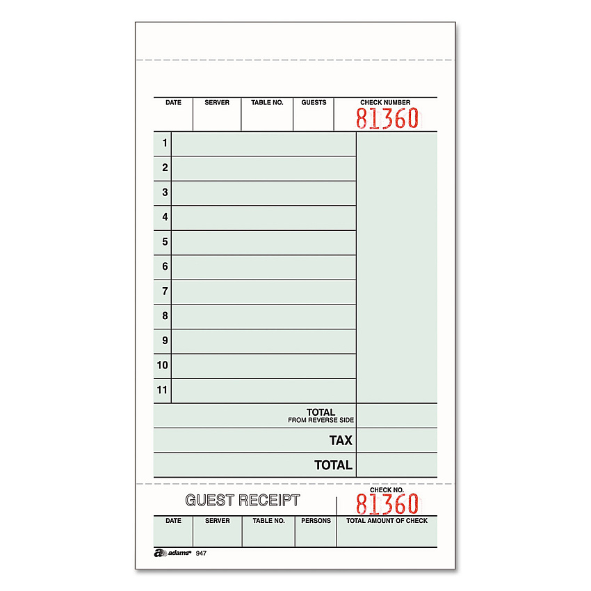 Adams Guest Check Unit Set, Two-Part Carbonless, 6.75 x 4.25, 1/Page, 250/Pack (947SWC)