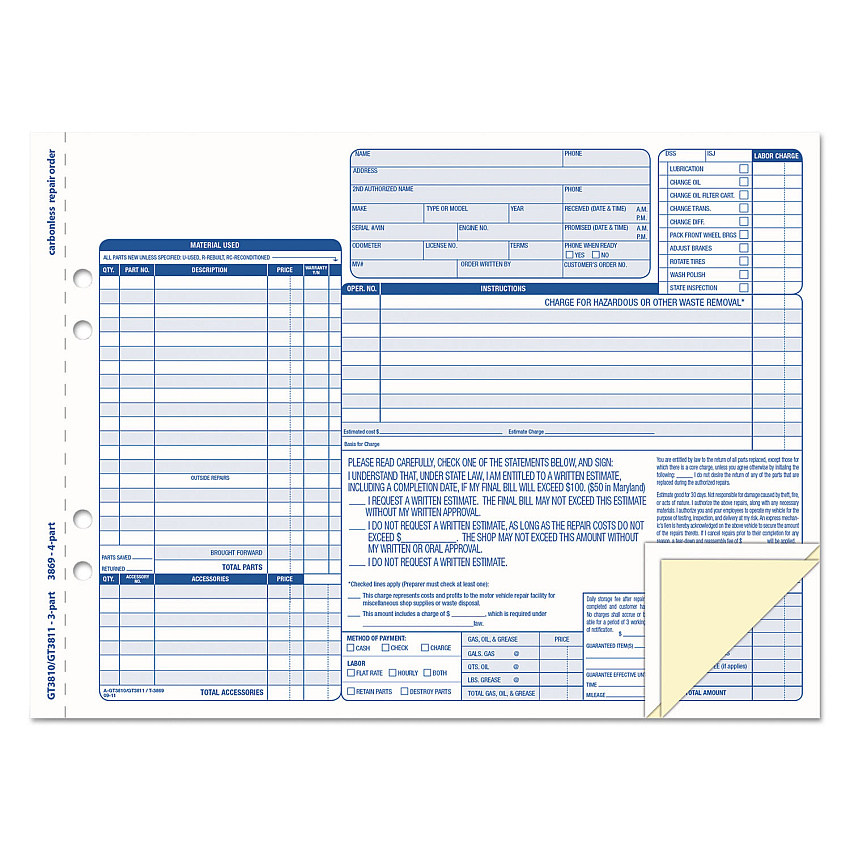 TOPS Auto Repair Four-Part Carbonless, Four-Part Carbonless, 8.5 x 11, 50 Forms (3869)